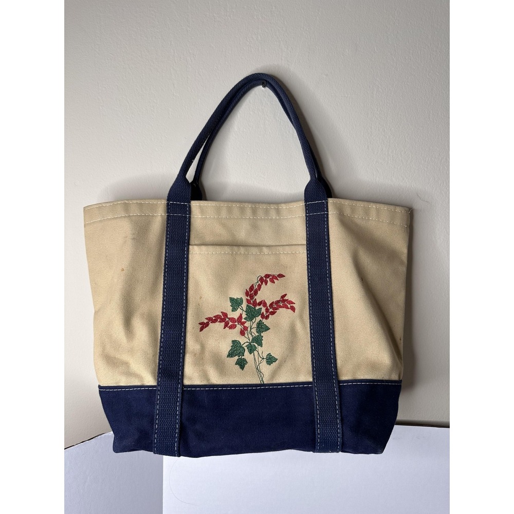 Canvas Tote Bag Womens Medium Beige Blue Embroidered Floral Front Pocket Canvas